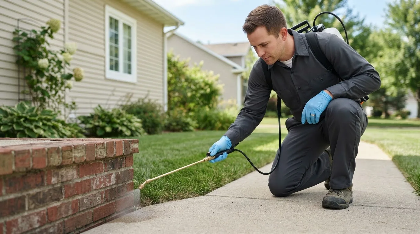 Pest control technician treating a home near Bartlett, IL